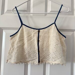 Lace Crop Top in Cream with Navy Trim
